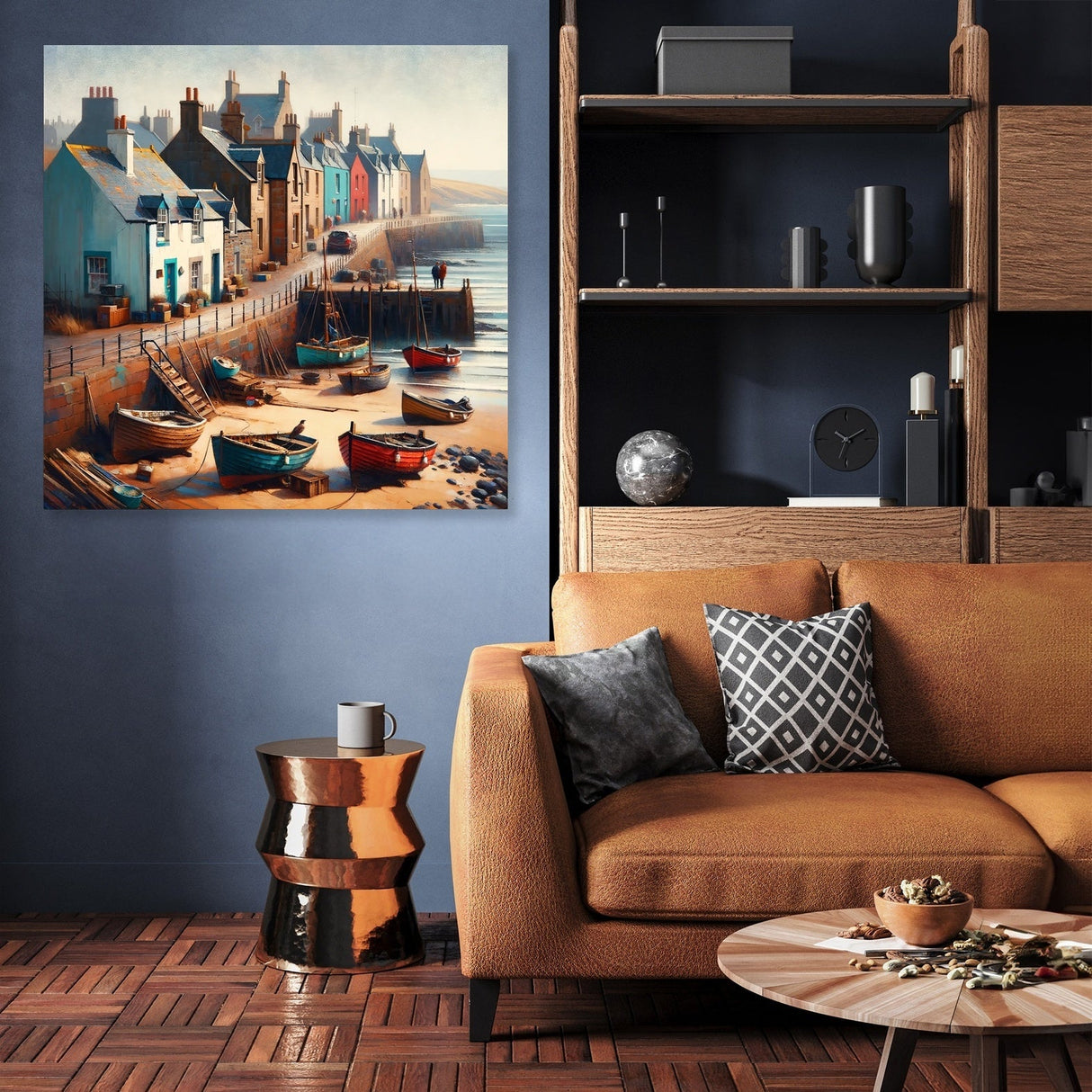 Beautiful seaside village wall art canvas featuring colourful boats and houses in a serene coastal setting