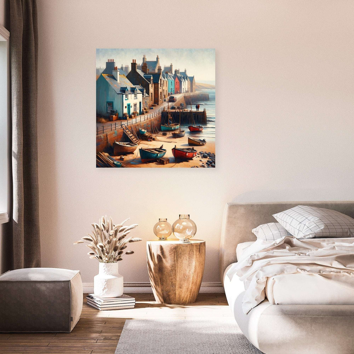 Beautiful seaside scene wall art canvas showcasing coastal houses and fishing boats