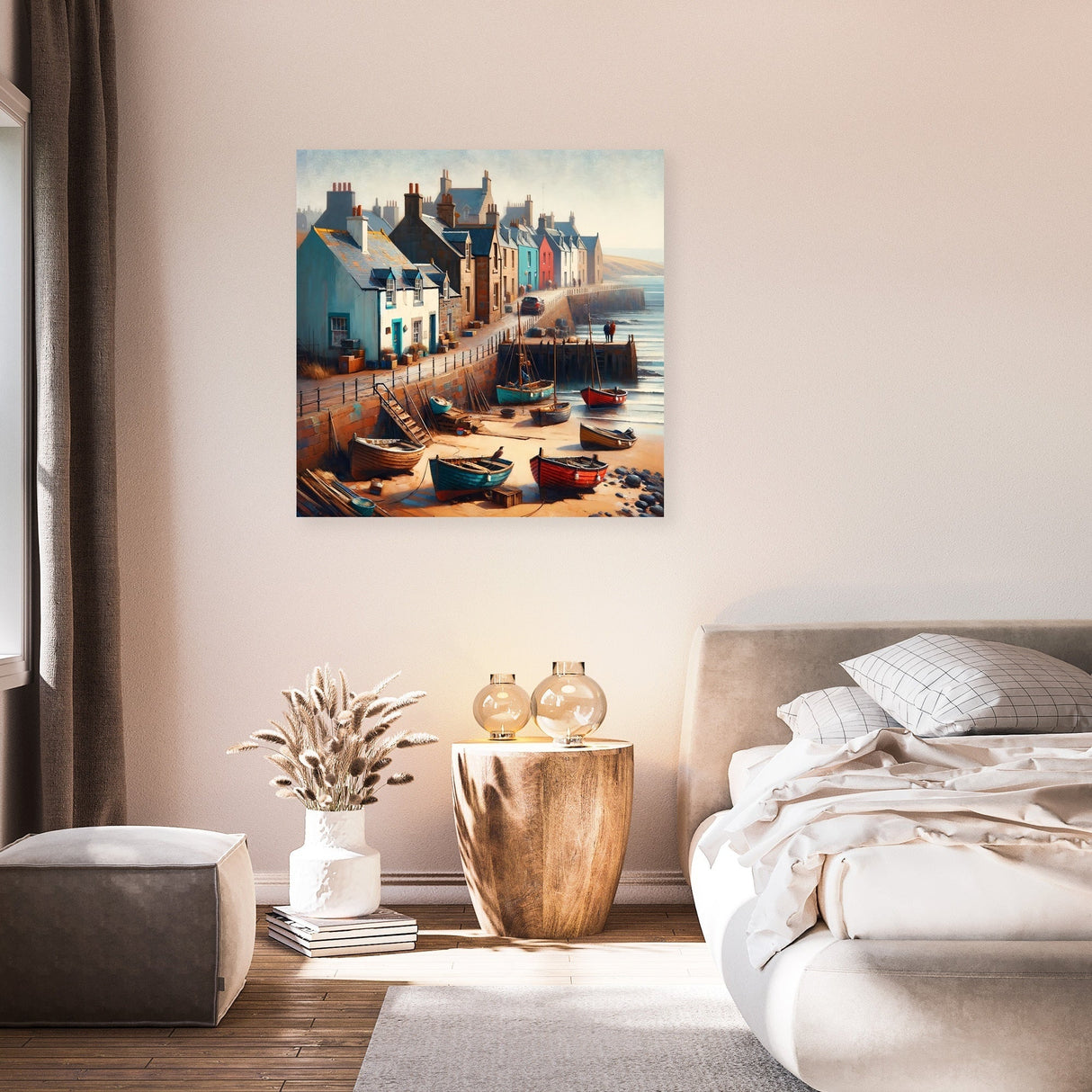 Beautiful seaside scene wall art canvas showcasing coastal houses and fishing boats