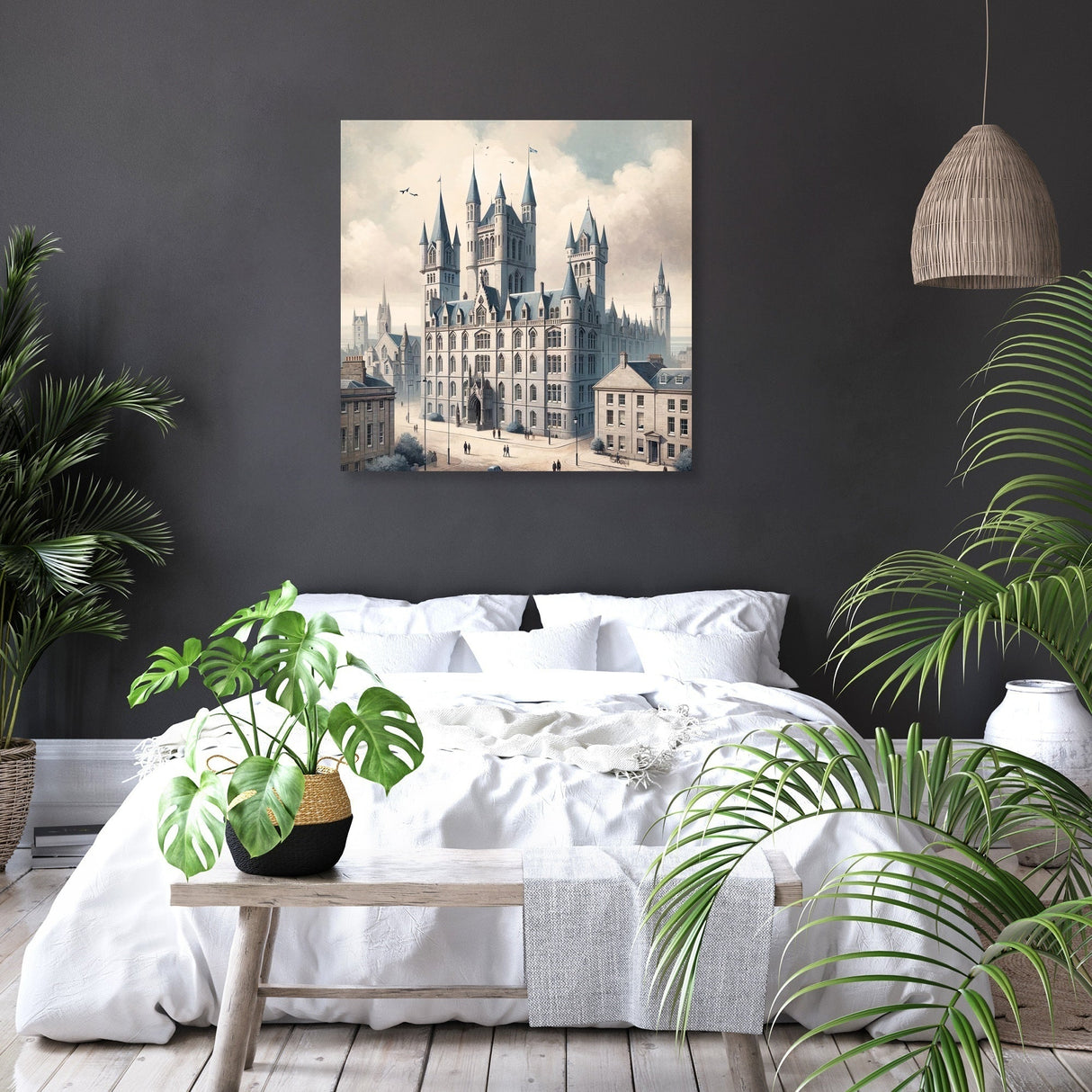 Elegant wall art canvas featuring a vintage cityscape on a bedroom wall with plants