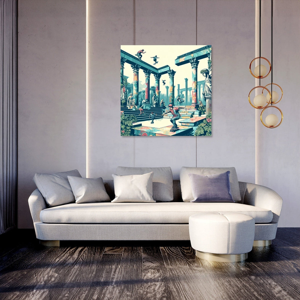 Vibrant Wall Art Canvas featuring artistic scene with columns and statues, enhancing modern living room decor
