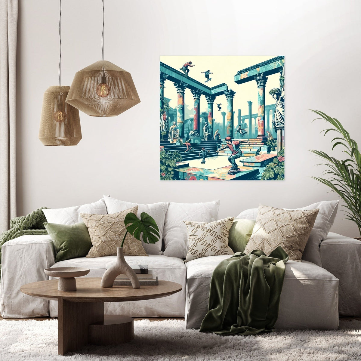 Vibrant Wall Art Canvas featuring a stylish scene with statues and dynamic figures in a modern living room setting