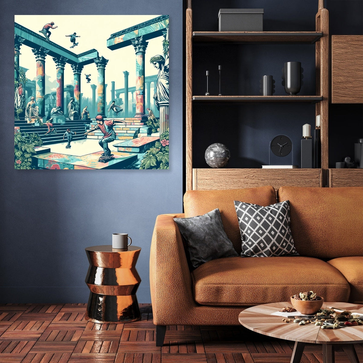 Stylish wall art canvas featuring urban skaters in a vibrant classical setting