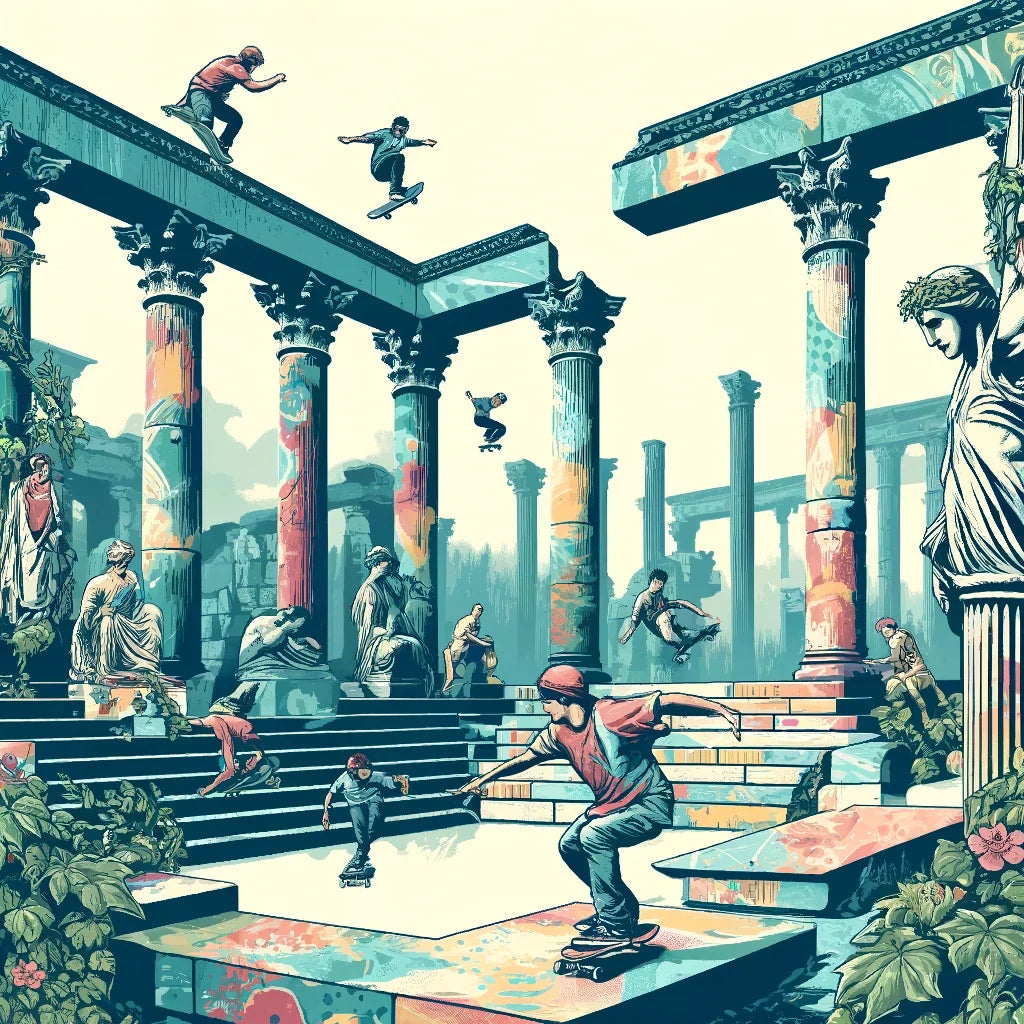 Vibrant Wall Art Canvas featuring skateboarders in a classical architectural setting