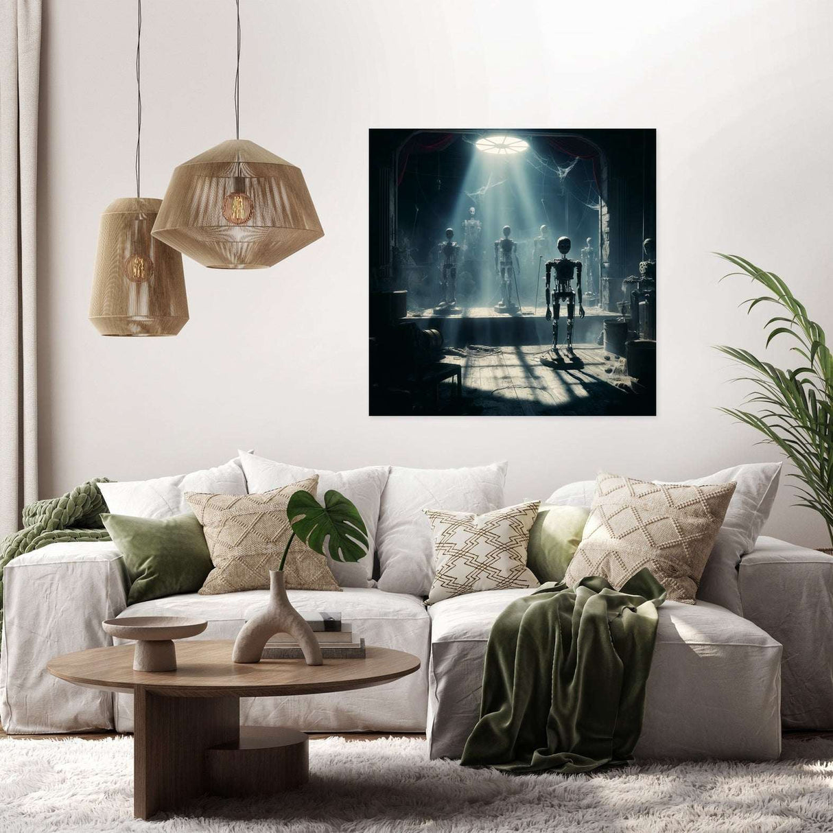 Atmospheric Wall Art Canvas featuring robotic figures in a dimly lit room for modern home decor