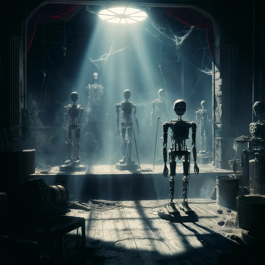Spooky themed wall art canvas featuring shadowy skeletons in an eerie, dimly lit room