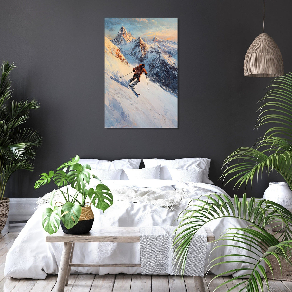Beautiful wall art canvas depicting a skier on snowy mountains, perfect for a modern home decor