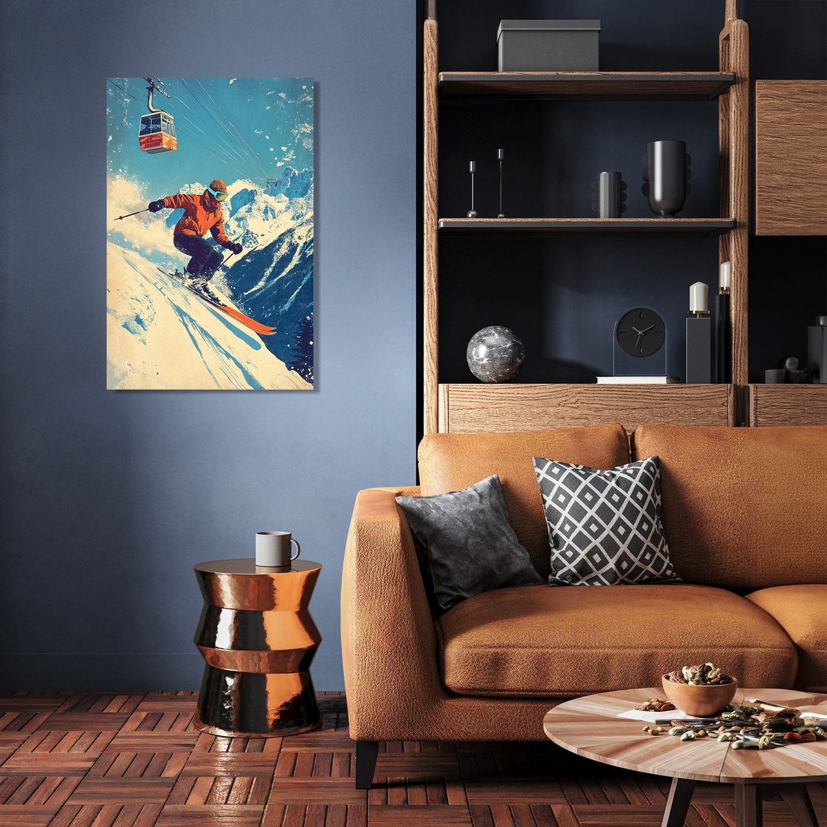 Vibrant wall art canvas featuring a skier navigating snow-covered mountains in a stylish living room