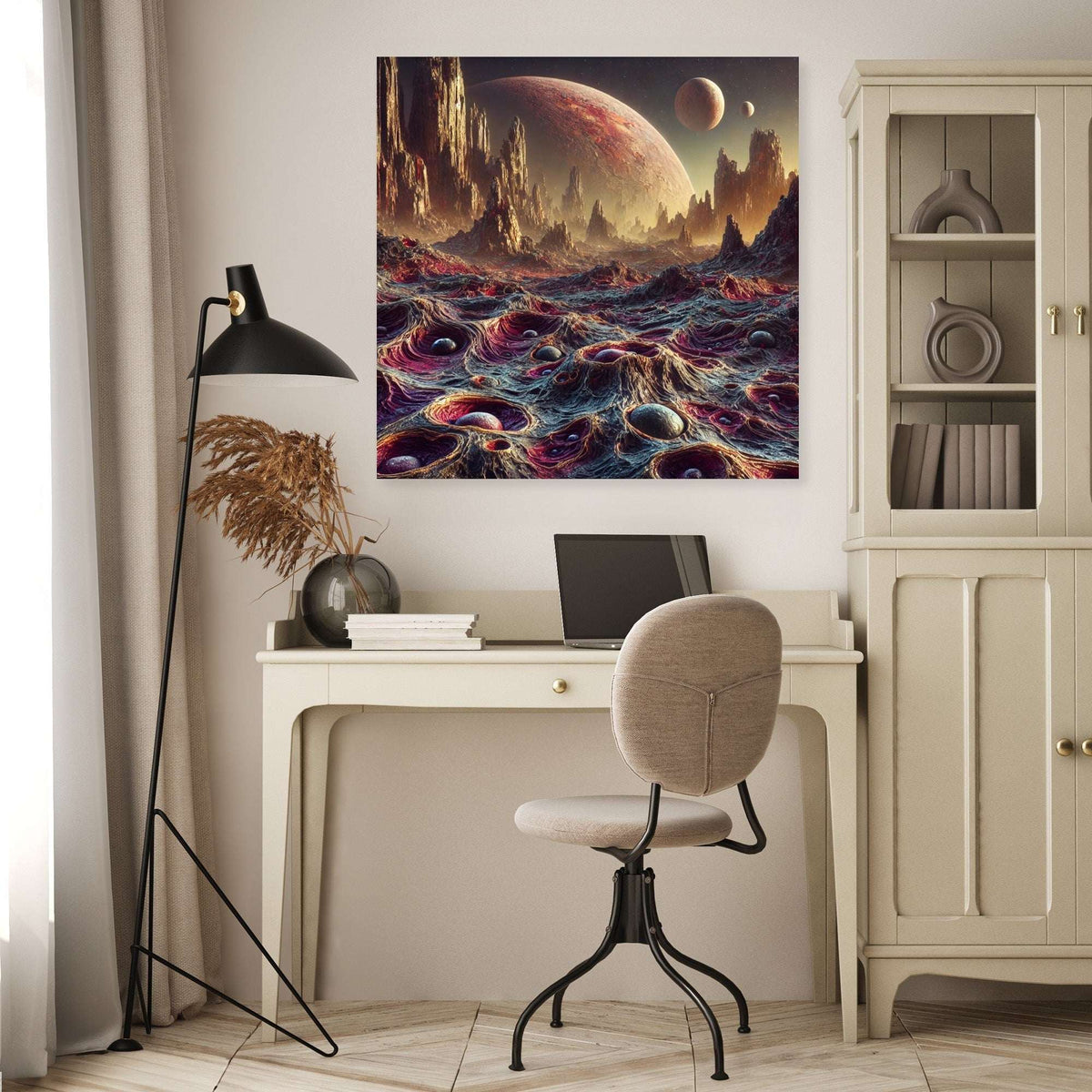 Stunning Wall Art Canvas depicting a cosmic landscape with planets and abstract terrain for home decor