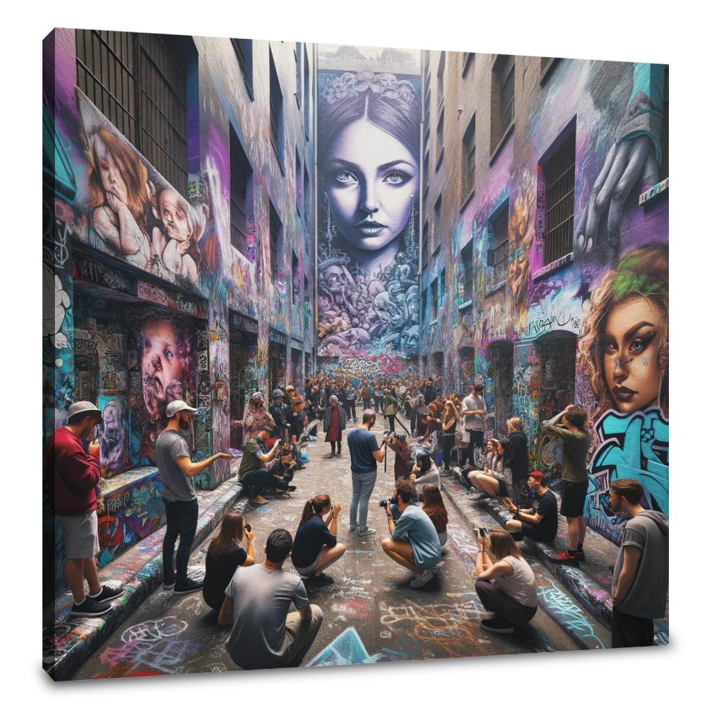 Vibrant Wall Art Canvas depicting urban street art with people photographing murals and graffiti