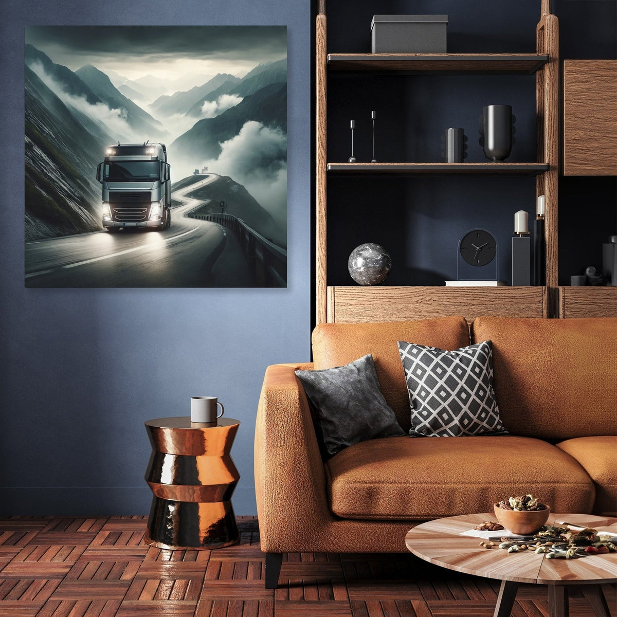 Home Art Haven Wall Art Canvas featuring a truck on a scenic mountain road in a modern living room