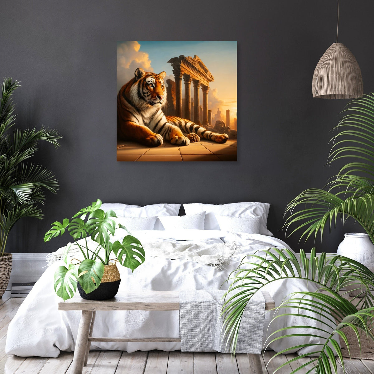 Majestic tiger wall art canvas featuring ancient columns and a sunset backdrop, perfect for home decor