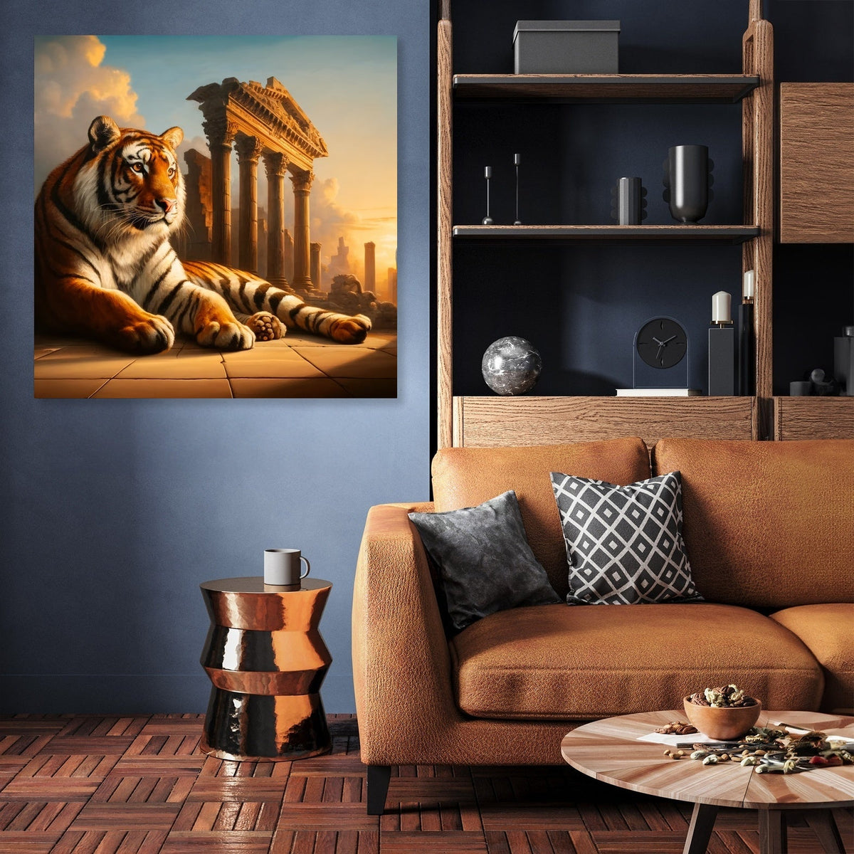 Stunning wall art canvas featuring a tiger lounging beside ancient ruins, perfect for modern decor.