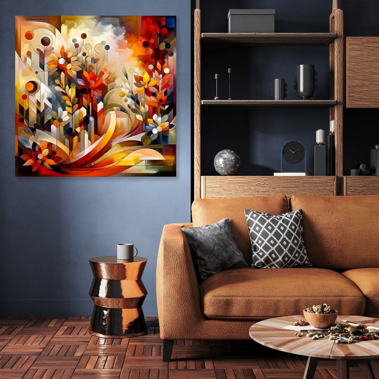 Vibrant Wall Art Canvas featuring colourful flowers in a modern living room setting