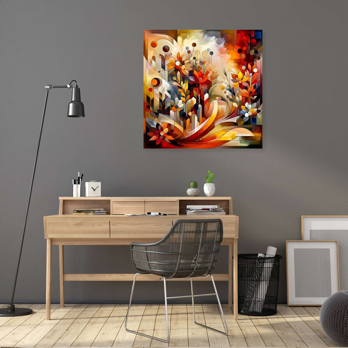 Colourful floral abstract wall art canvas that adds vibrancy to any home office space