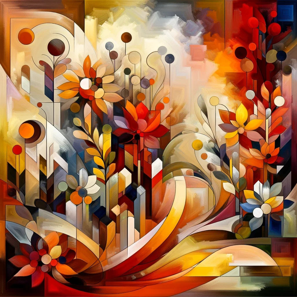 Colourful abstract wall art canvas featuring vibrant flowers and geometric shapes