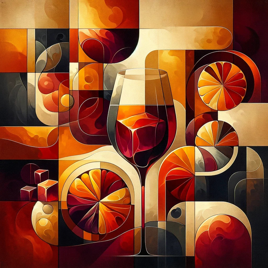 Vibrant wall art canvas featuring abstract wine glass and citrus motifs in warm colours