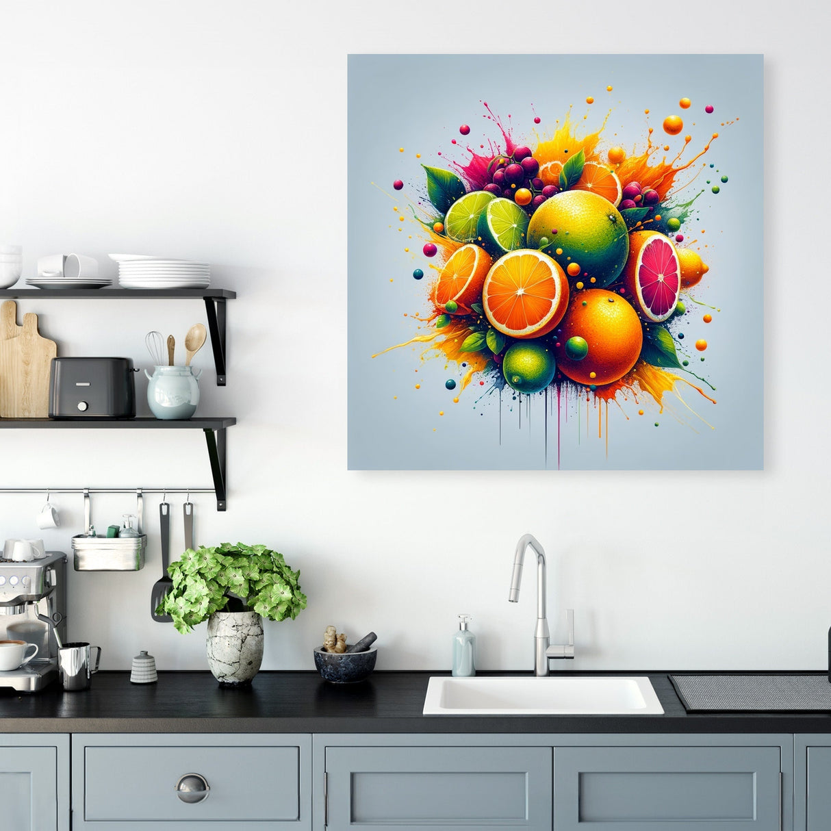 Vibrant Wall Art Canvas featuring a colourful fruit splash design for kitchen decor