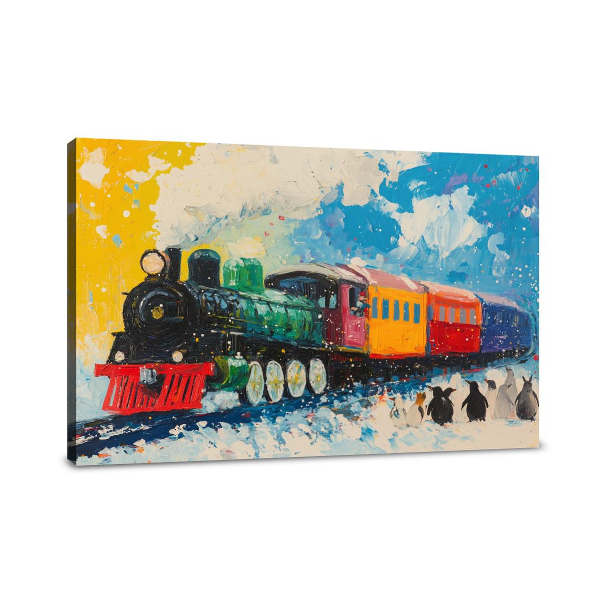Vibrant wall art canvas featuring a colourful train with penguins against a bright sky