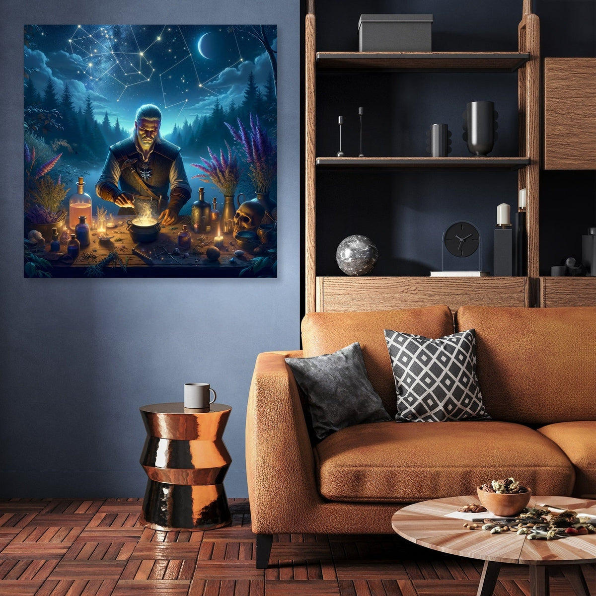 Enchanting Wall Art Canvas featuring a wizard surrounded by mystical elements in a cosy interior