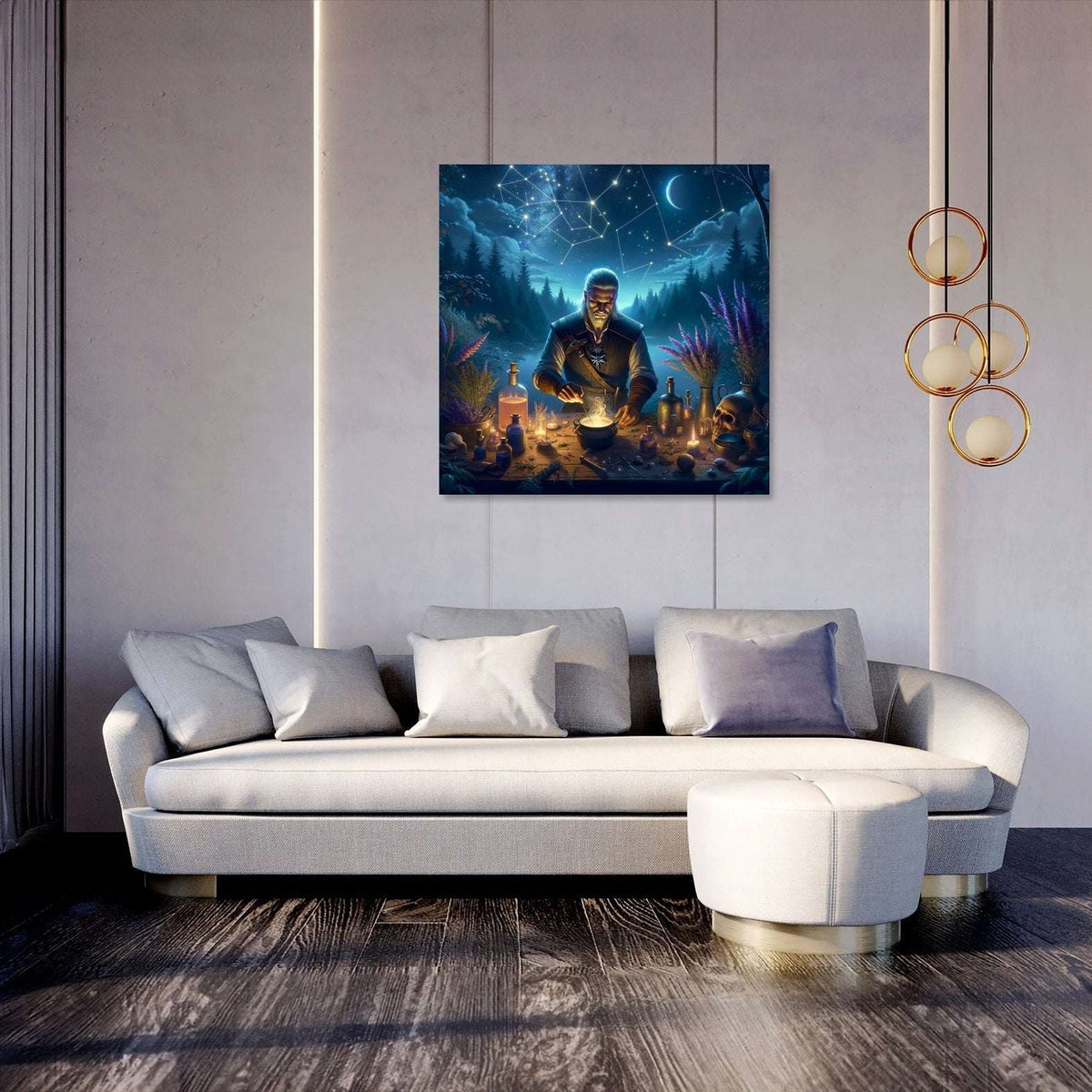 Vibrant Wall Art Canvas featuring a mystical underwater scene hanging above a modern sofa in a stylish living room