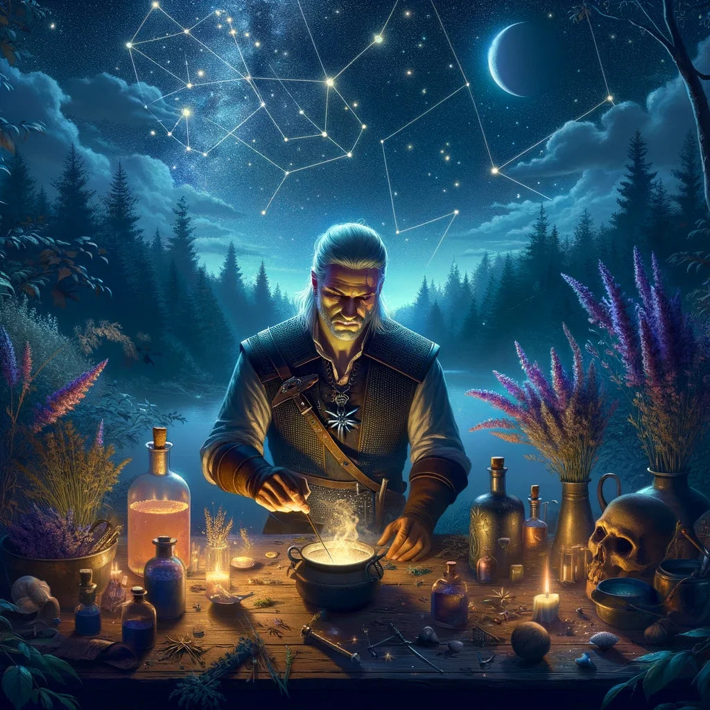 Enchanting Wall Art Canvas featuring a sorcerer mixing potions under a starry night sky