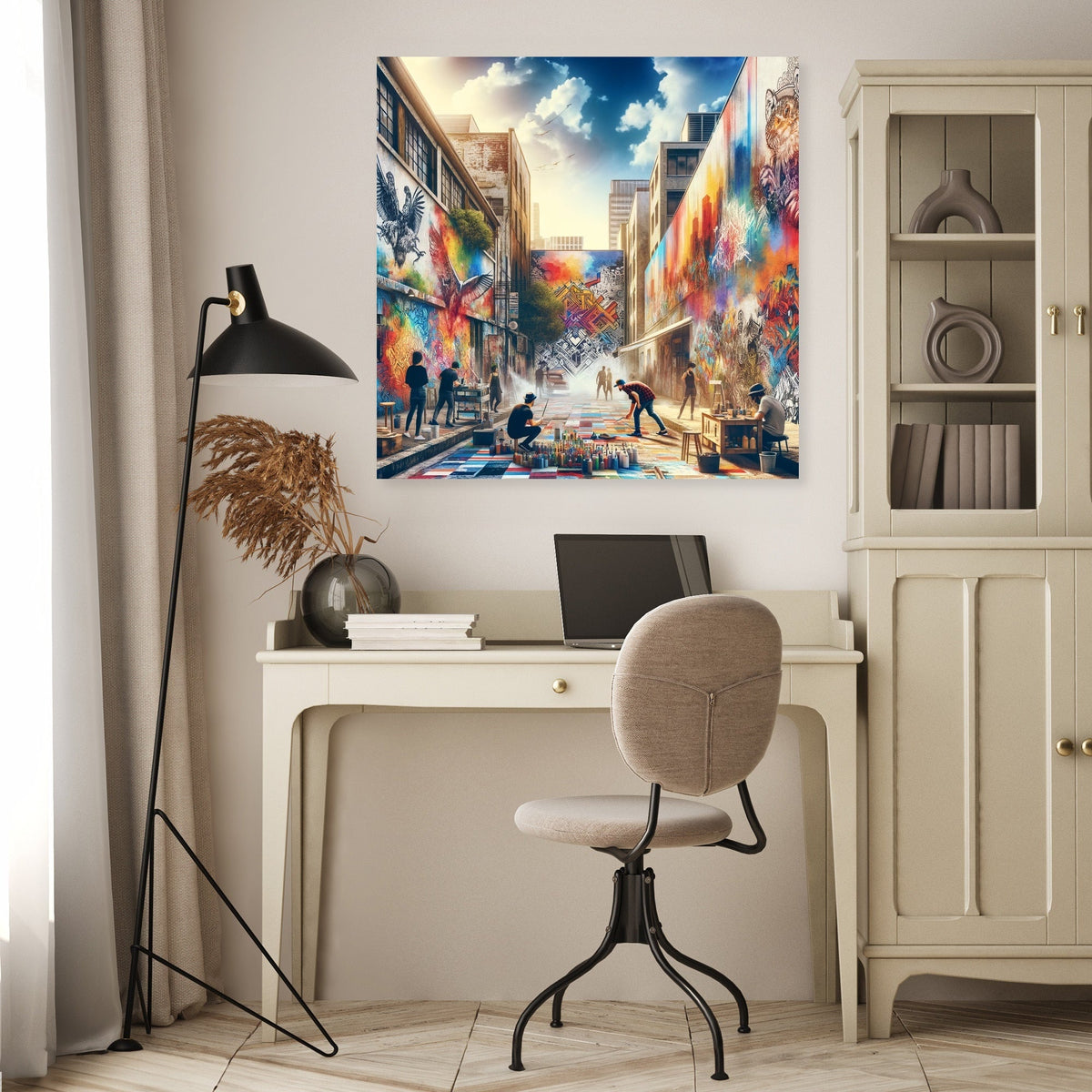 Vibrant wall art canvas depicting a lively street scene filled with colourful murals and artistic expression