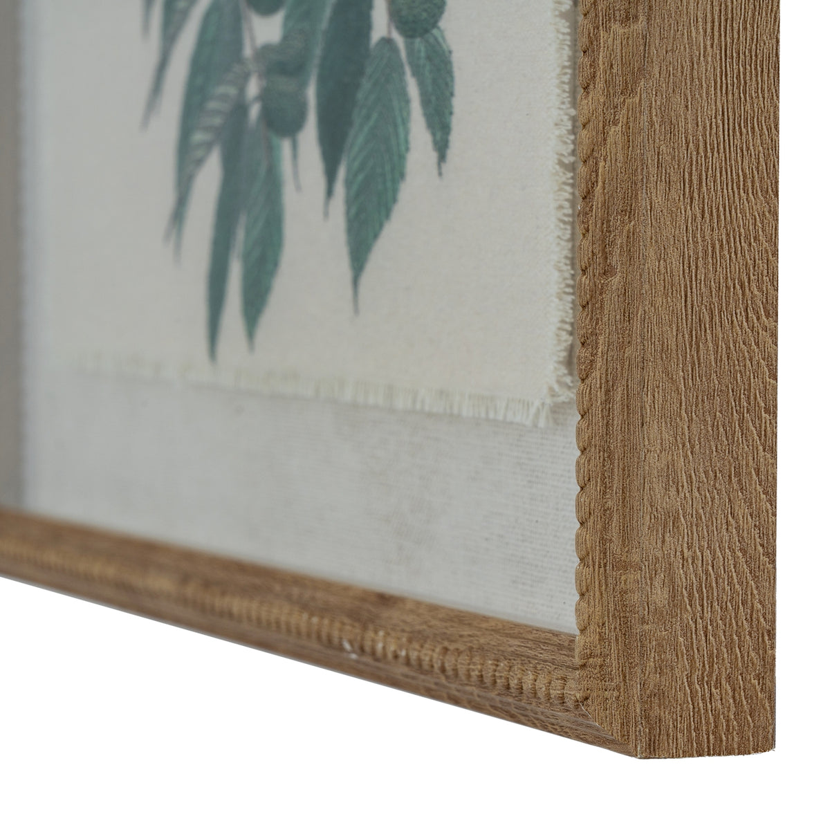 Close-up of framed botanical printed art with a natural wood border, perfect for stylish wall art decor