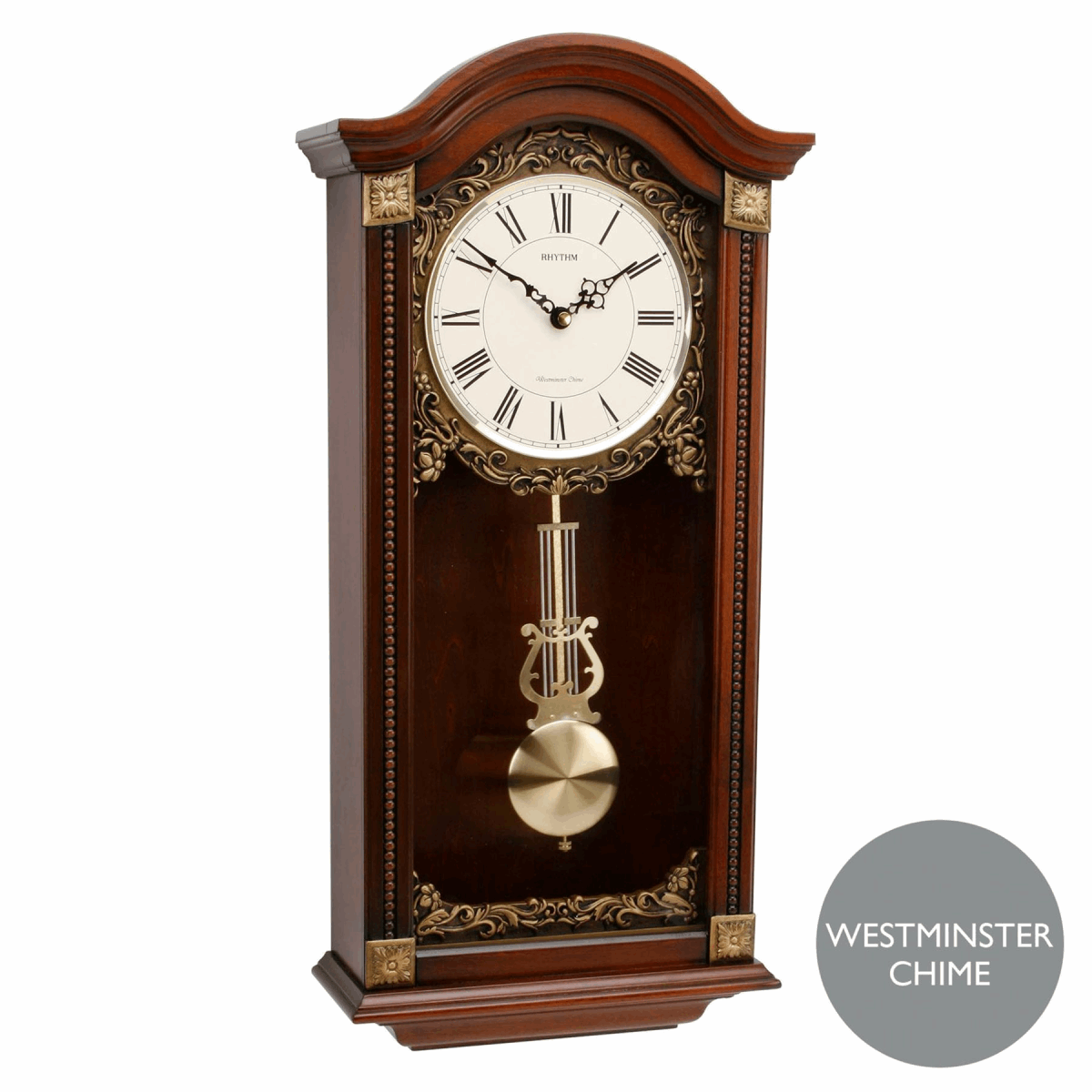 Widdop Antique Wall Clock with Westminster Chime and Ornate Design in Dark Wood Finish