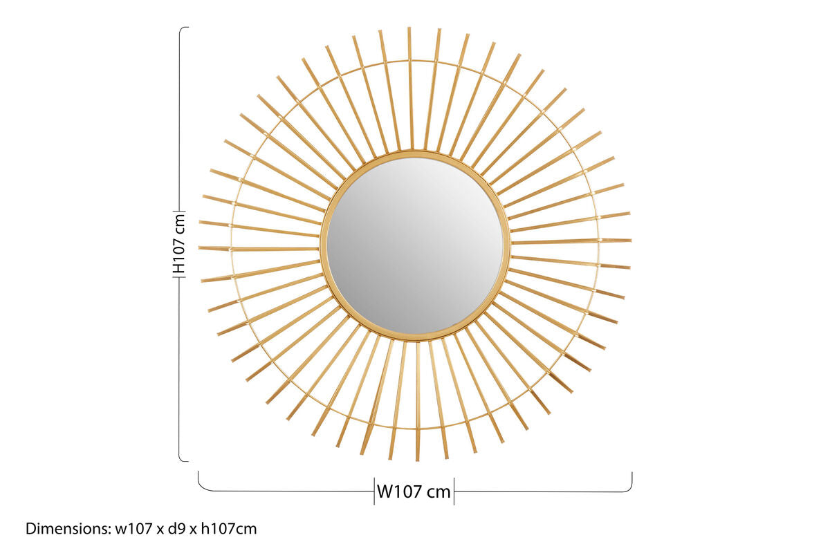 Orsina Wall Mirror with a sunburst design, measuring 107cm in diameter with a gold finish