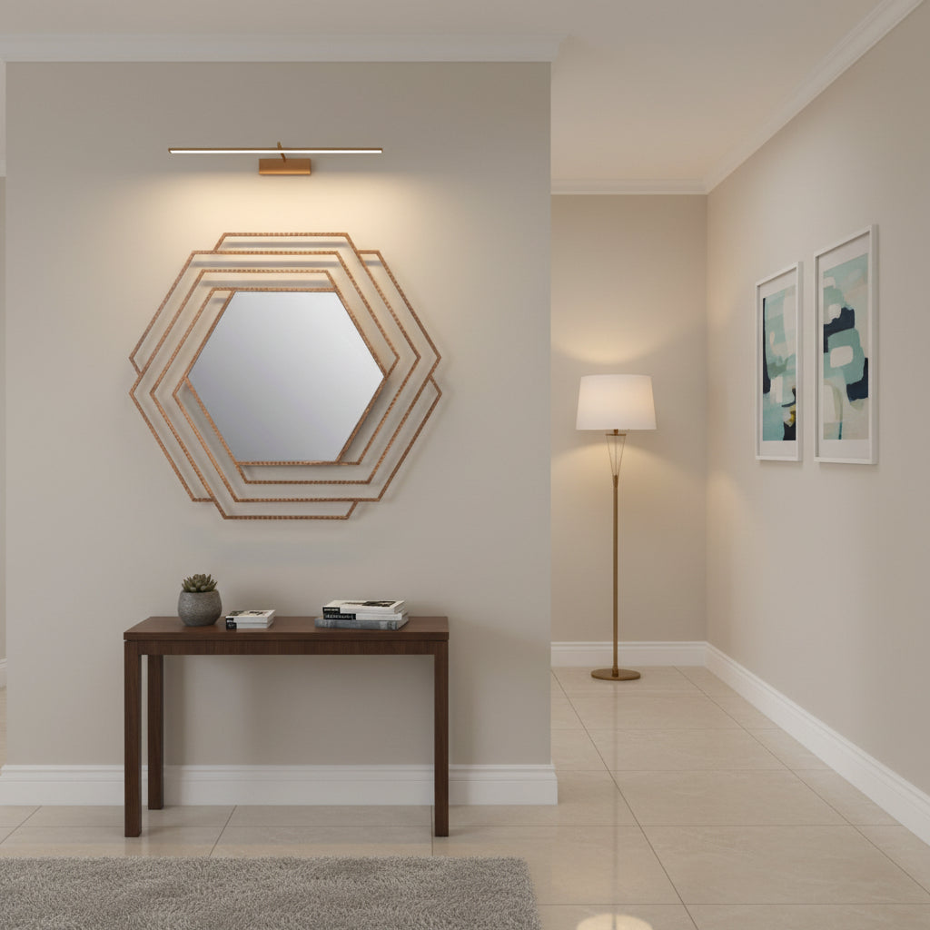 Orsina Wall Mirror in an elegant hexagonal design above a console table in a stylish interior