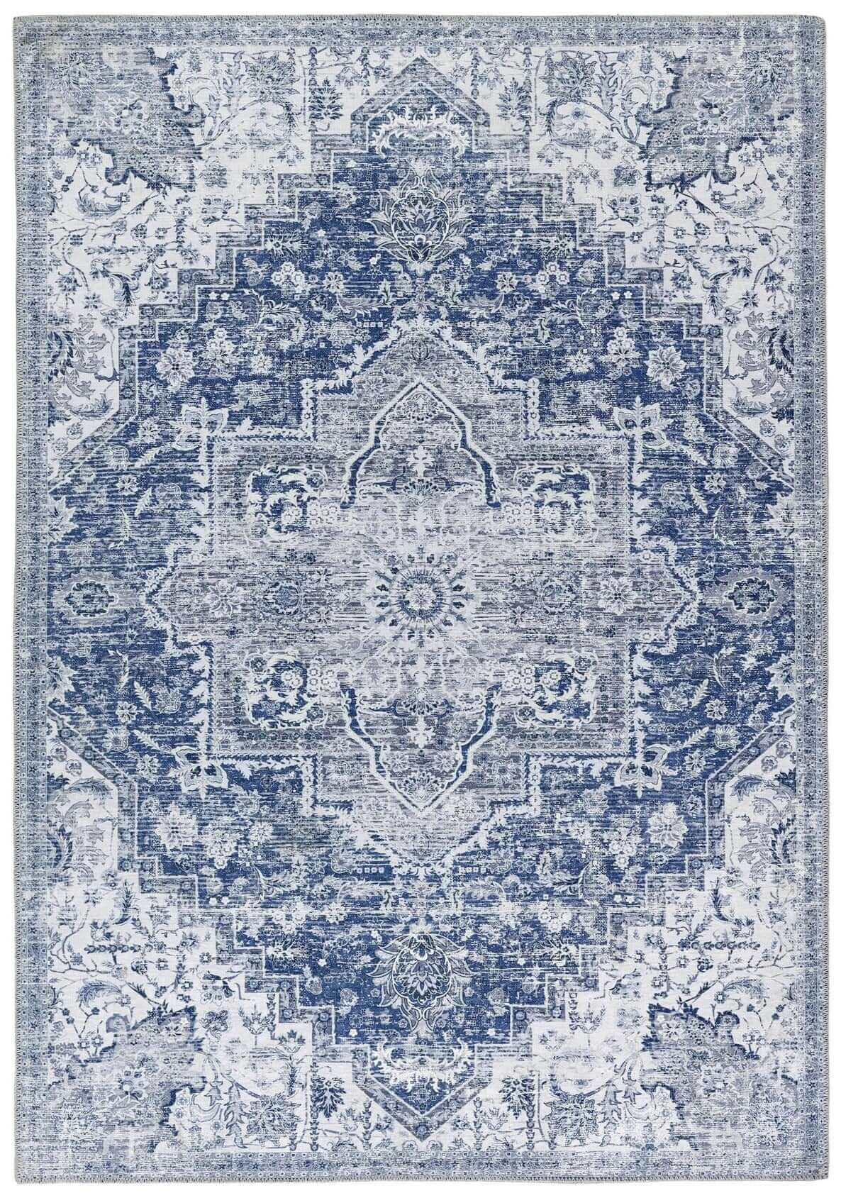 Beautiful blue and white traditional patterned washable rug with intricate detailing for living spaces