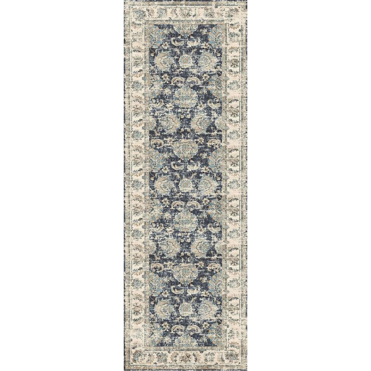 Elegant Washable Rug in Blue and Beige with Intricate Floral Patterns for Home Decor