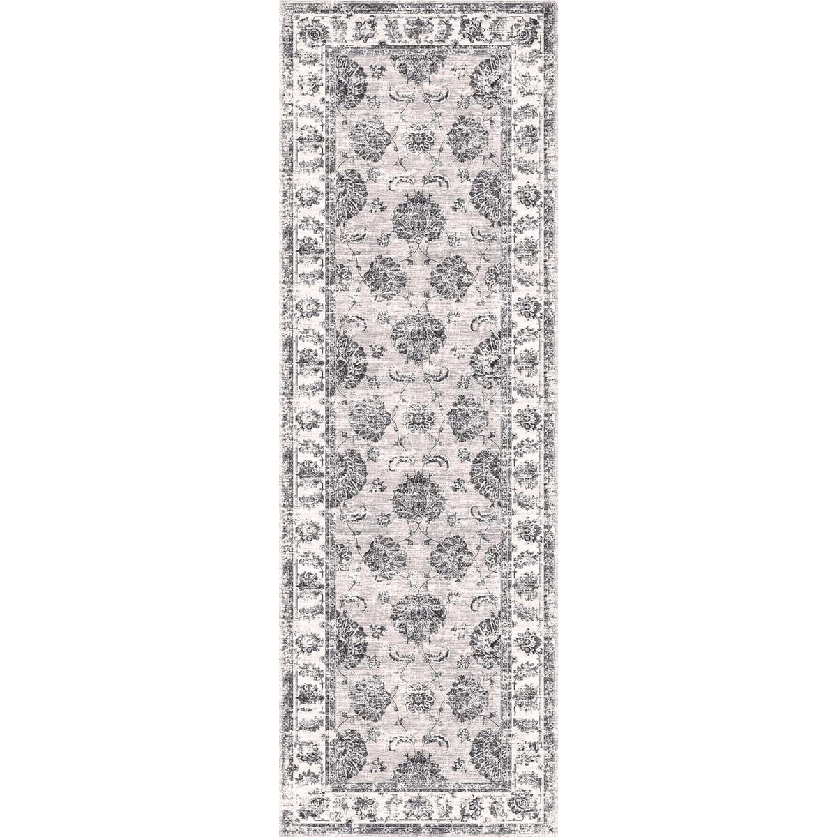 Elegant washable rug with intricate floral patterns in grey and cream, ideal for hallways