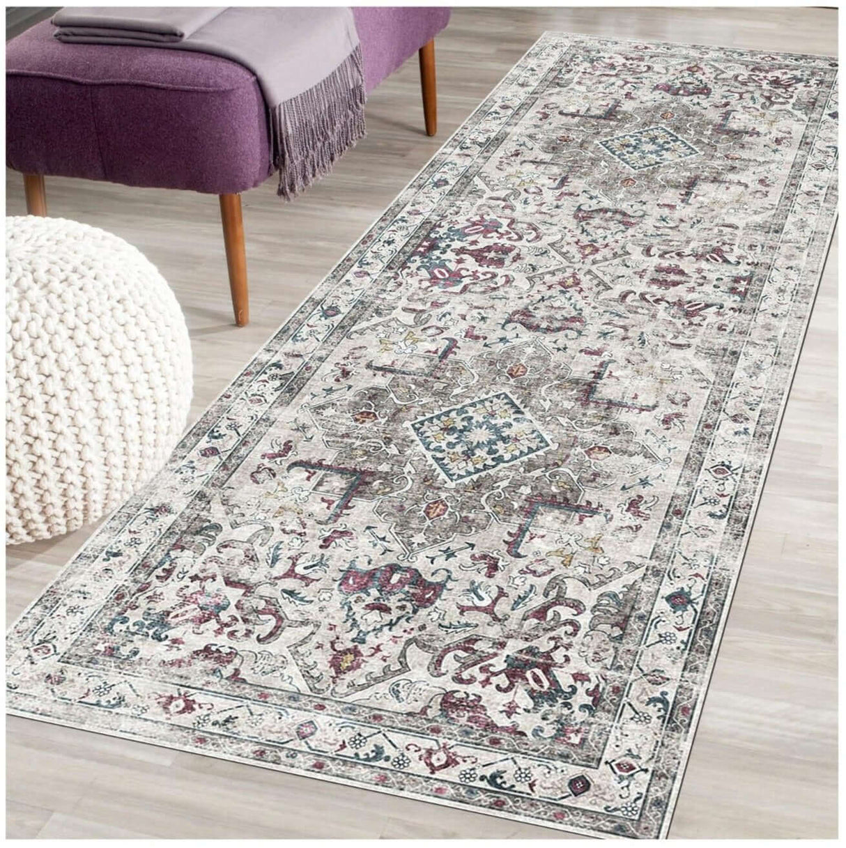 Elegant washable rug with intricate floral patterns in neutral tones, perfect for modern home decor
