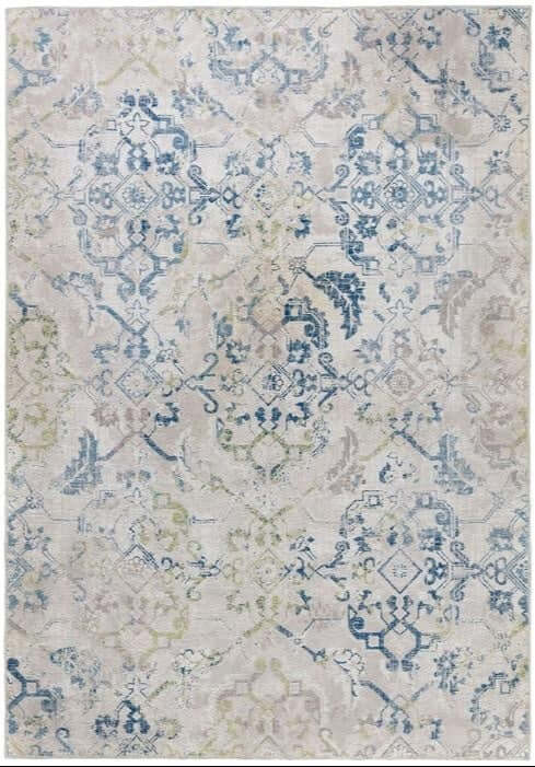 Elegant washable rug with intricate blue and green floral patterns on a light background