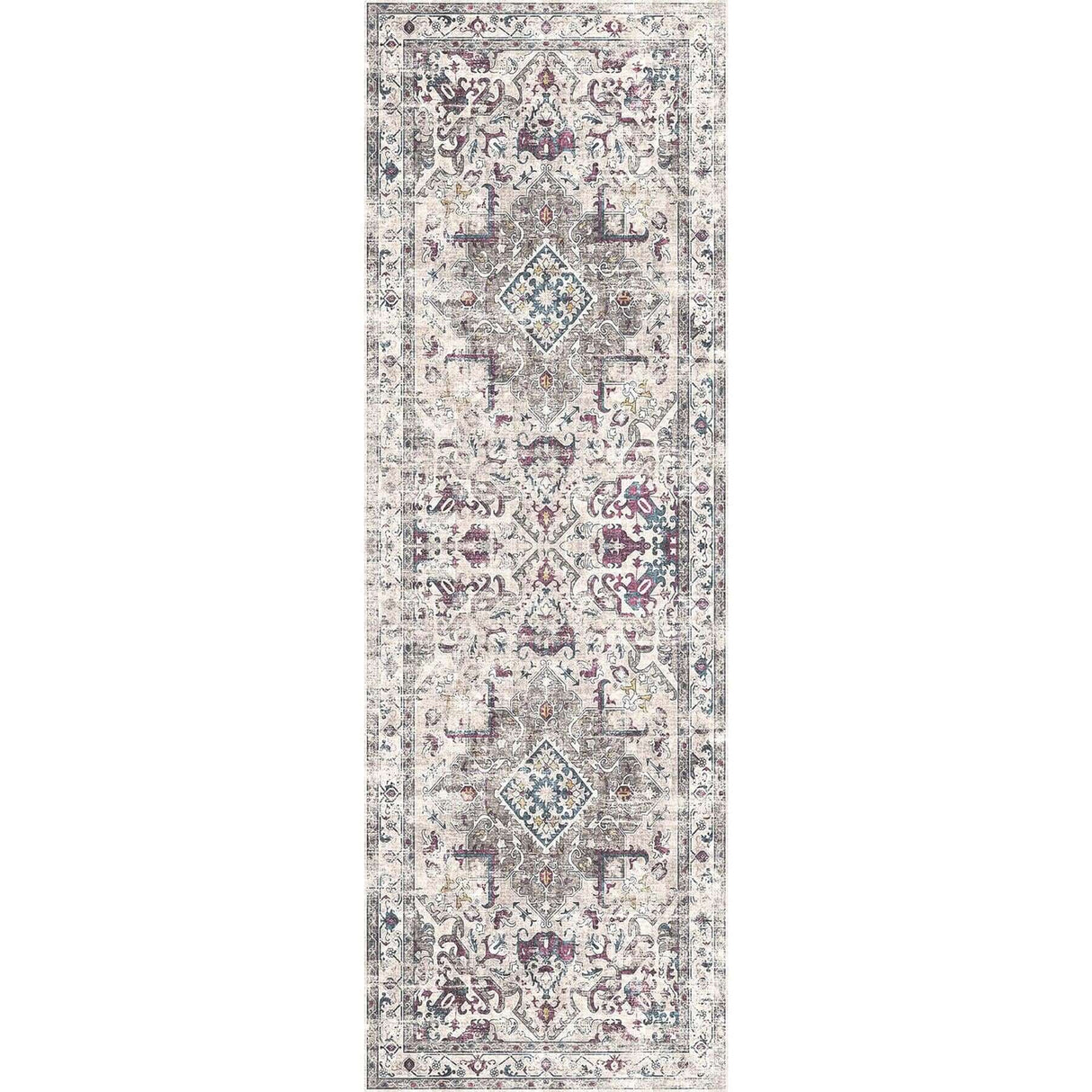 Elegant Washable Rug with intricate patterns in shades of grey and purple, perfect for any hallway