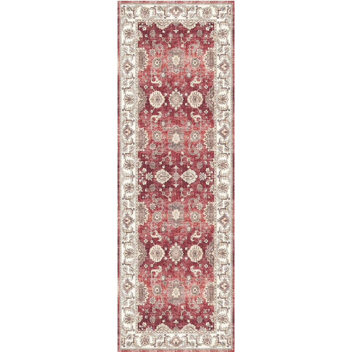 Elegant Washable Rug with intricate floral patterns in red and cream tones for stylish home decor