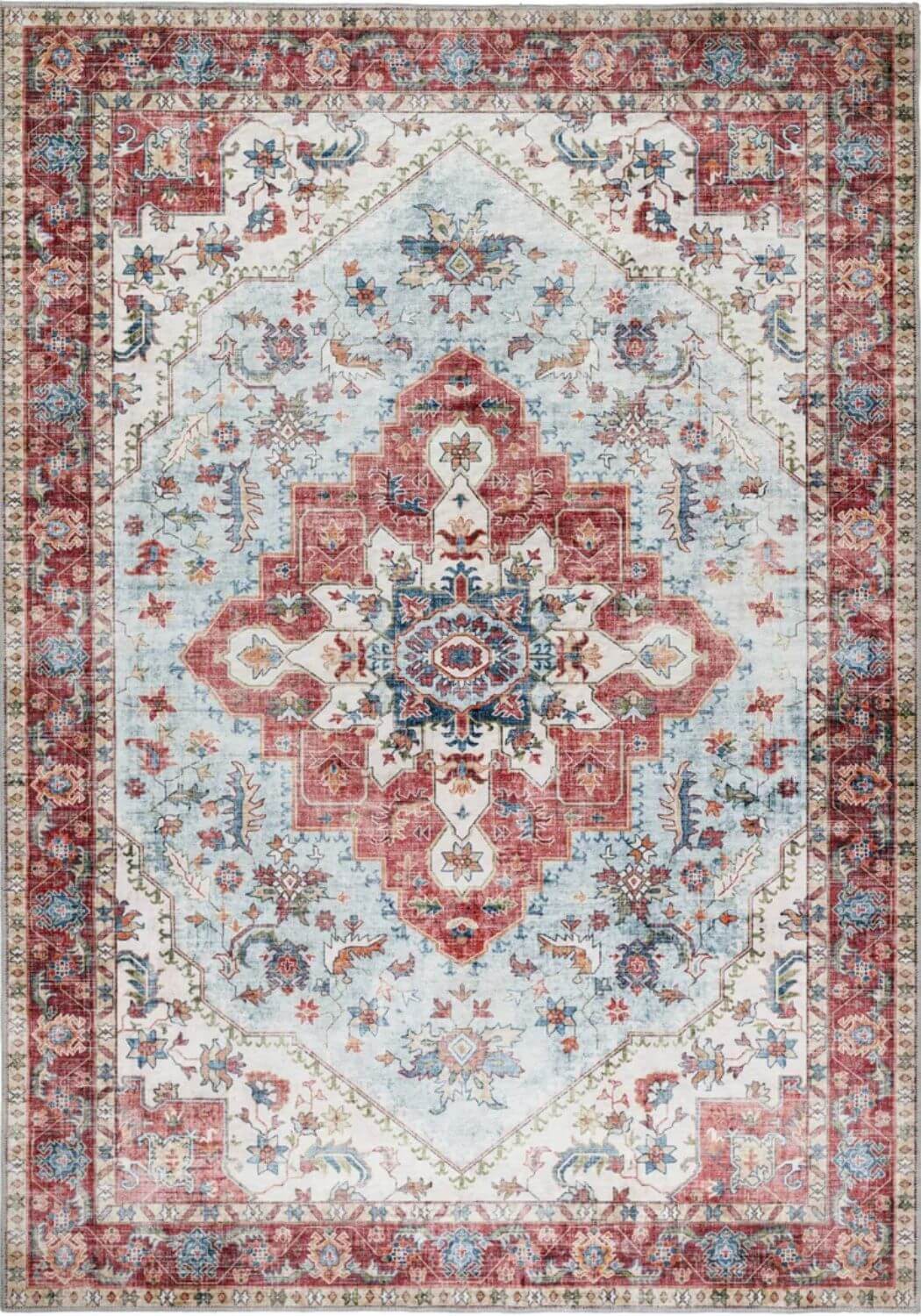 Elegant vintage design washable rug featuring intricate patterns and vibrant colours for home decor