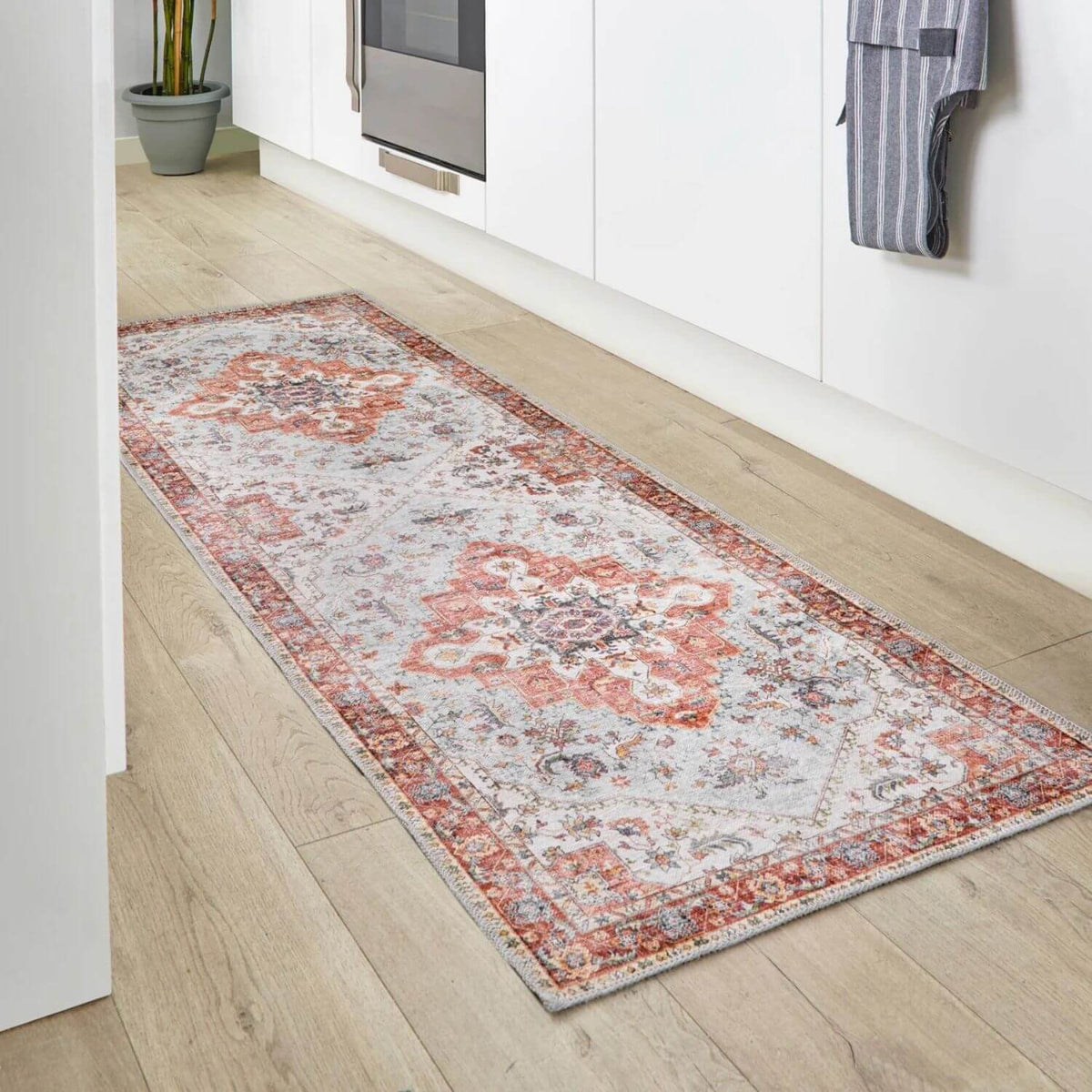 Stylish Washable Rug in warm tones, perfect for kitchen or hallway decor