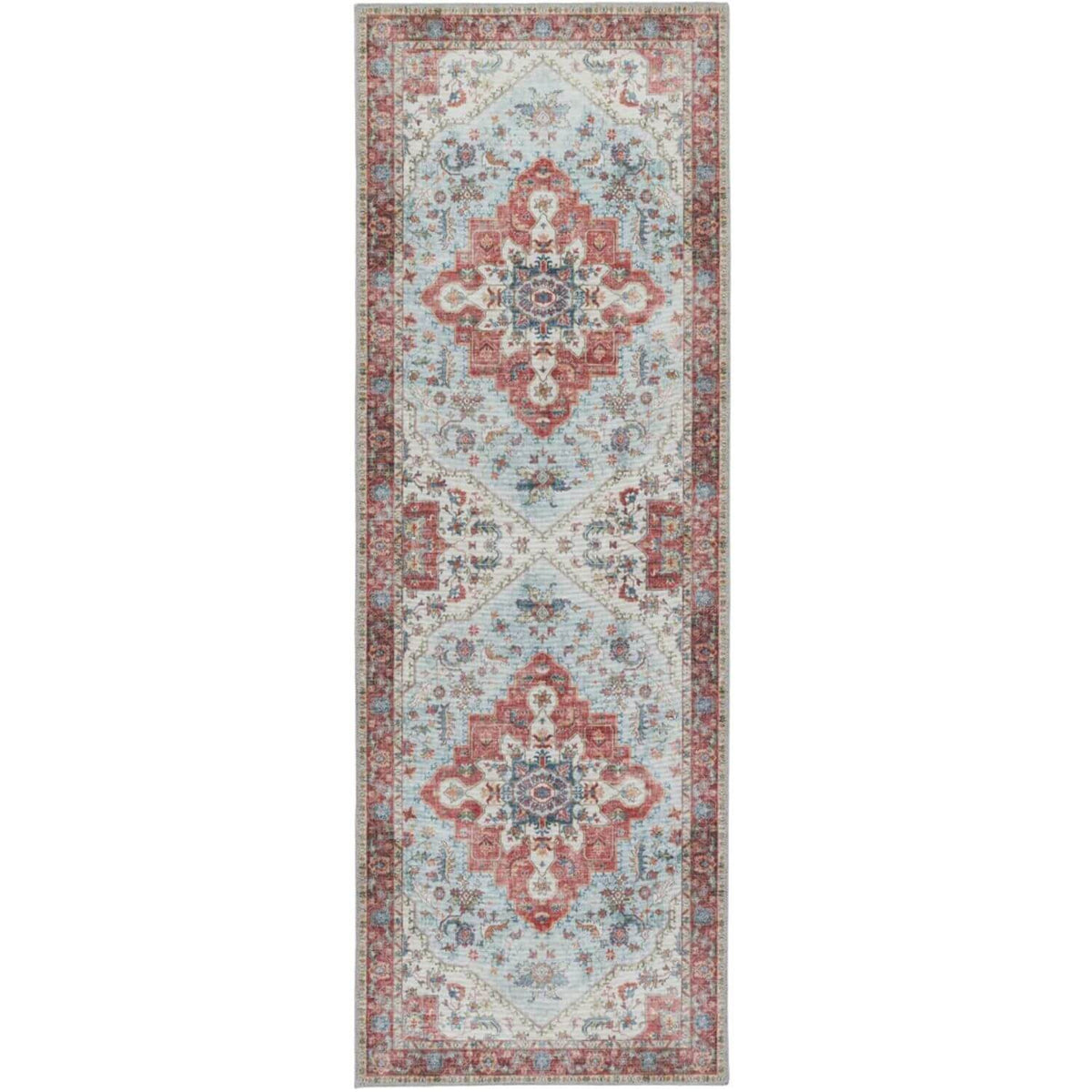 Elegant washable rug with intricate floral patterns in soft blue and red tones, perfect for hallways