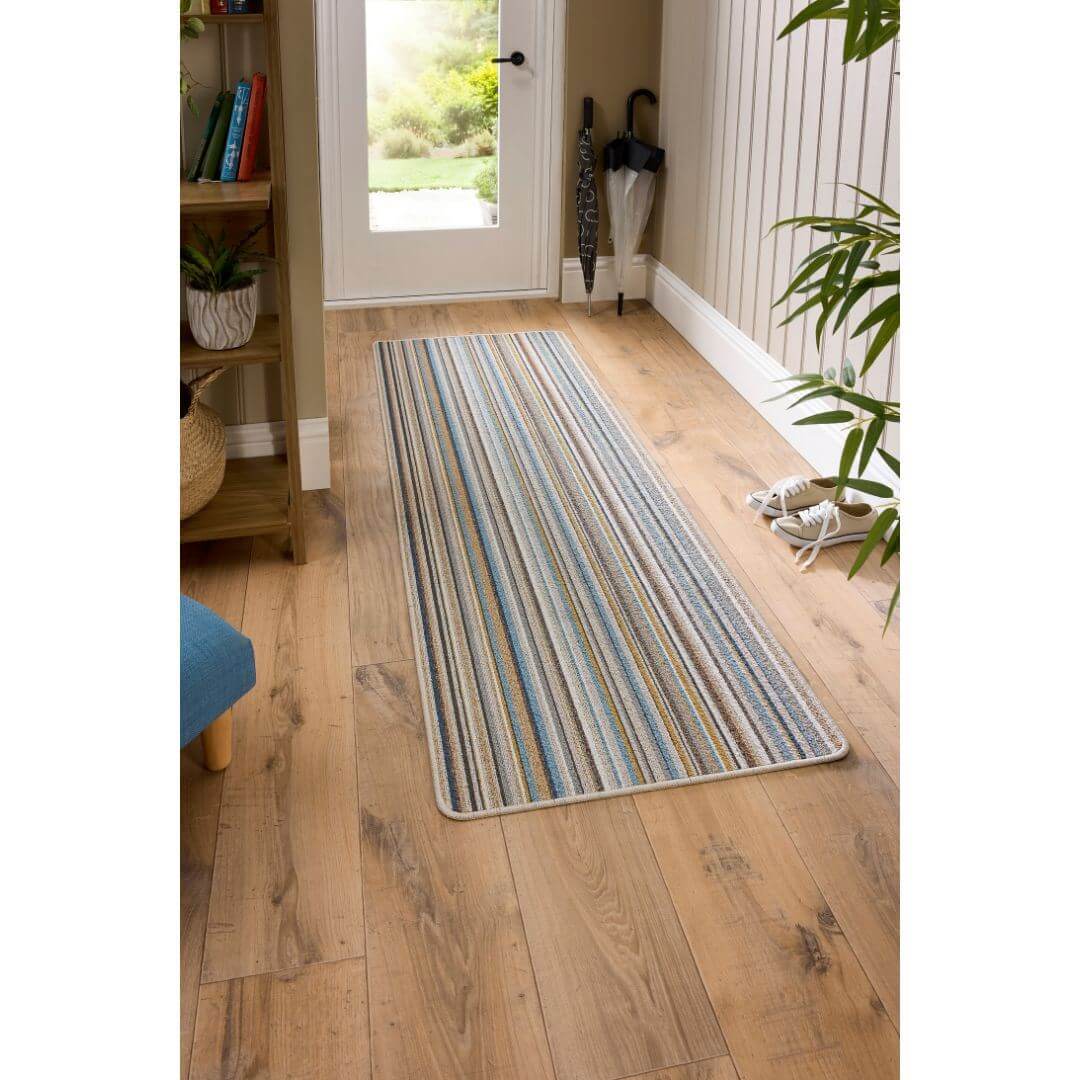 Stylish washable runners in striped design, suitable for hallway or kitchen flooring