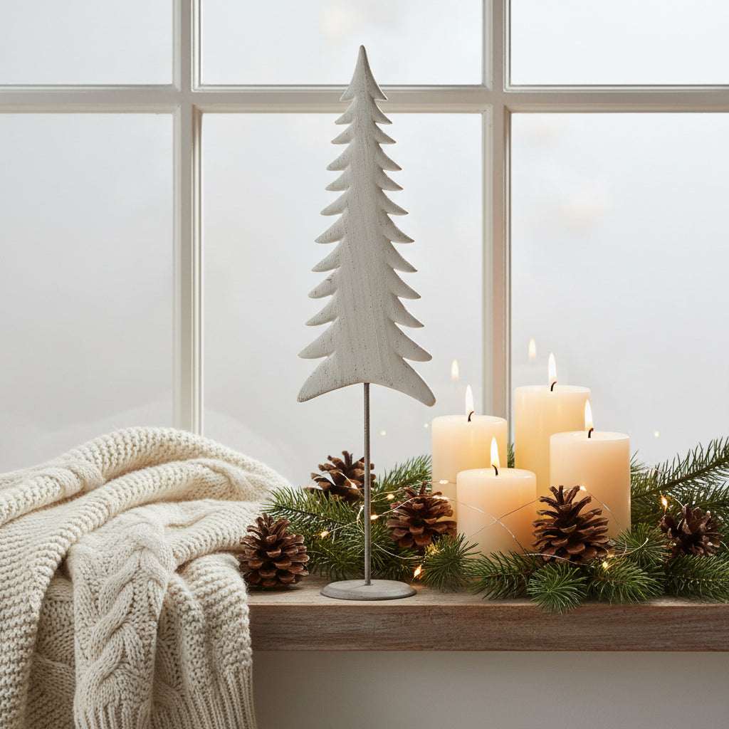 Whitewashed Tall Tree decoration on a windowsill with candles and pinecones for festive decor