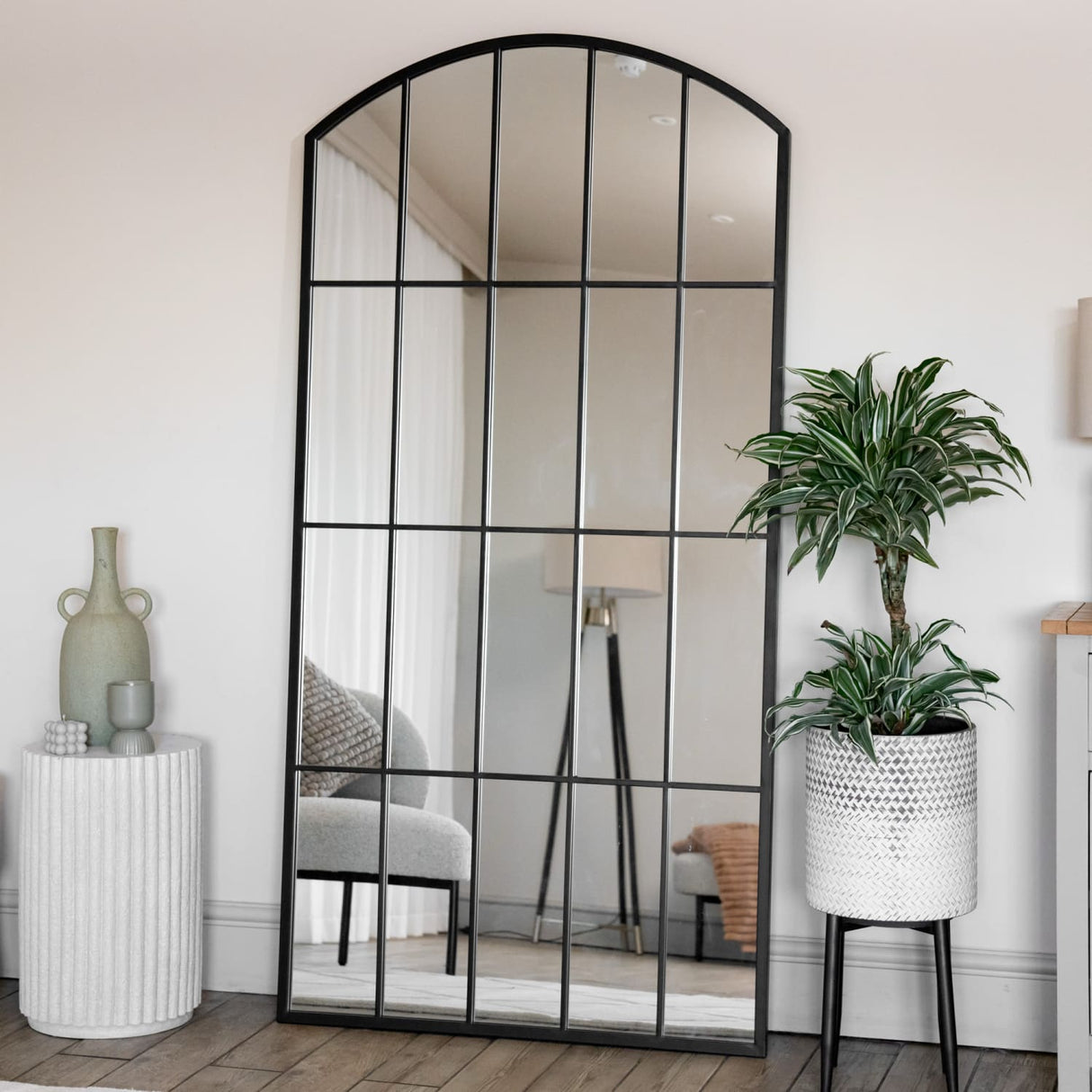 Jobu Home Window Mirror with an Arched Top and Decorative Grid Design for Modern Interiors