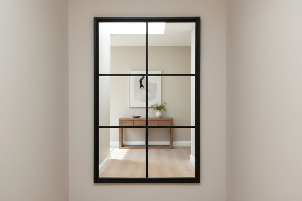 Shades 4 Seasons Window Mirror with a black frame, featuring a grid design and stylish home decor