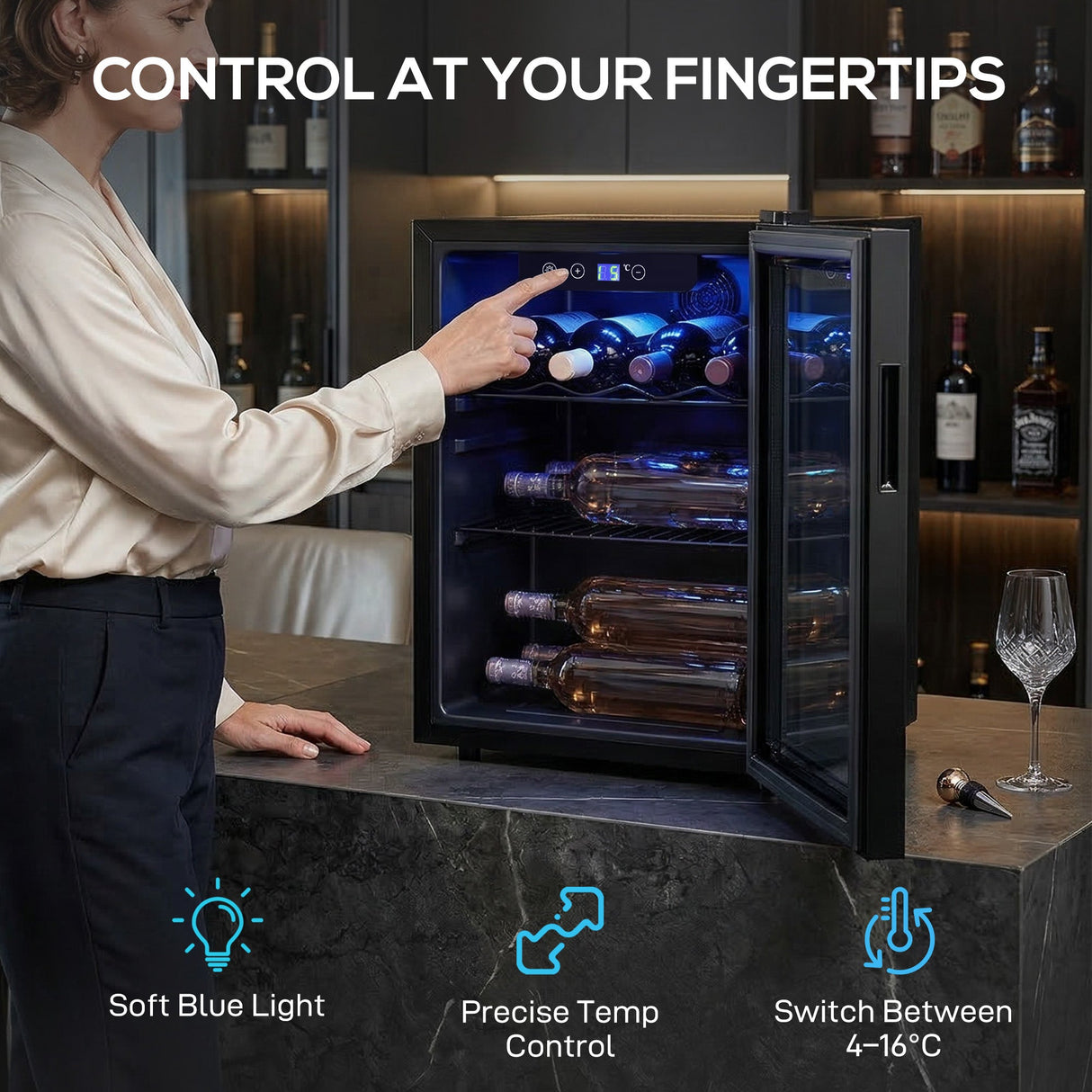 Wise Galleria Wine Cooler with Soft Blue Light and Precise Temperature Control for Optimal Wine Storage