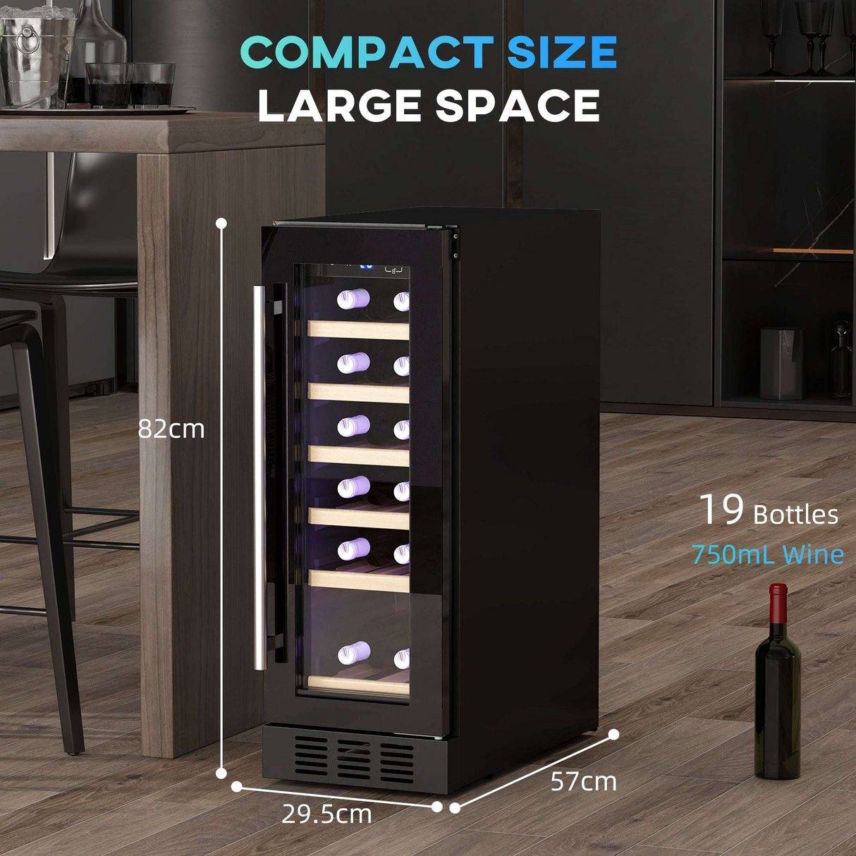 Compact Wine Fridge from Wise Galleria, holding 19 bottles of 750ml wine, ideal for any kitchen space