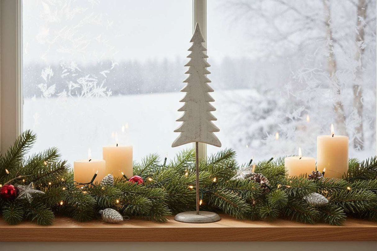 Elegant tree on stand decoration with white candles and festive greenery for Christmas room decor