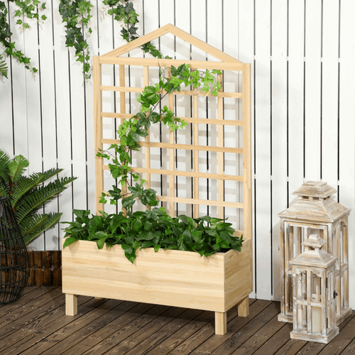 Outsunny Wooden Garden Planters with Trellis for Vine Climbing Plants, Natural Outsunny