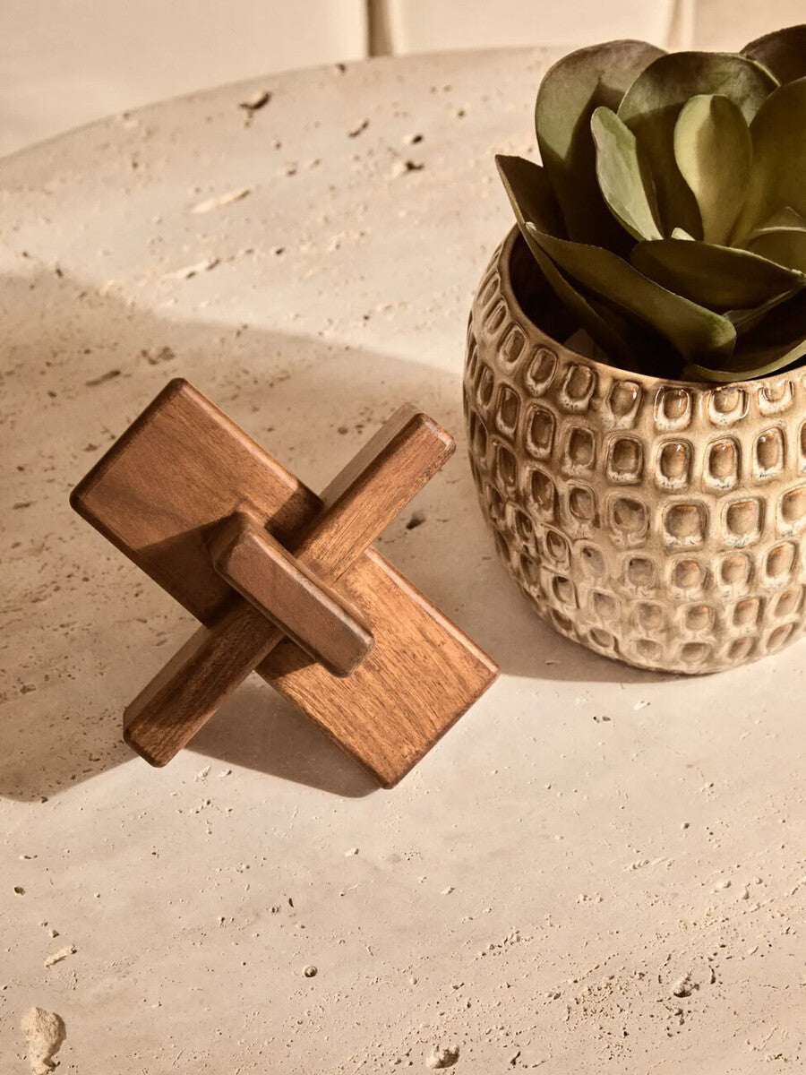 Orsina Wood Sculpture on a textured table next to a decorative plant pot